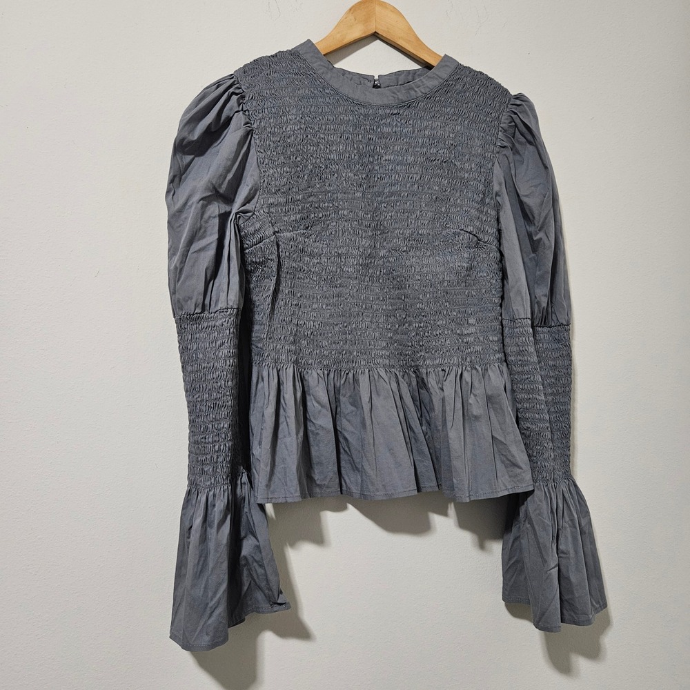 Venus Smocked Peplum Top‎ Gray Puff Sleeve Bell Cuff Blouse Womens Size 16